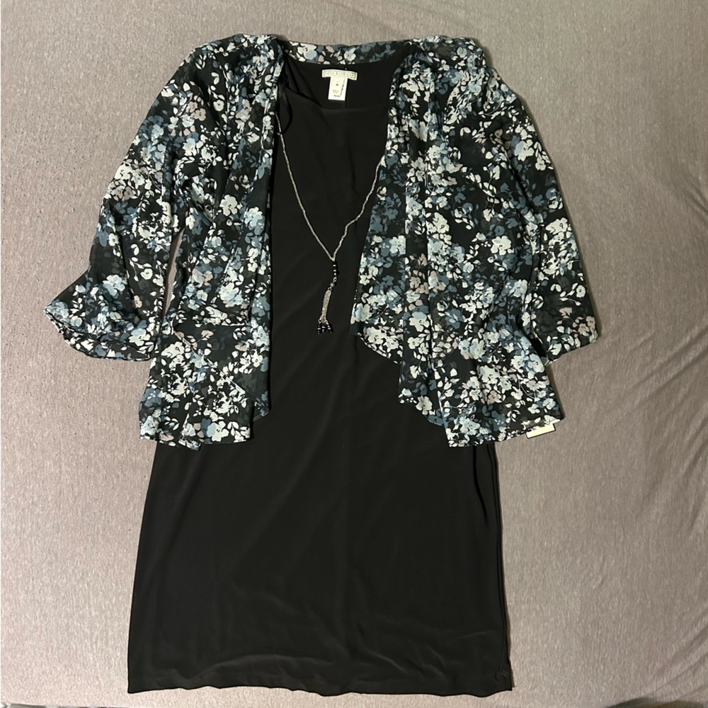 Dana Buchman Floral Kimono and Black Dress Set with Necklace